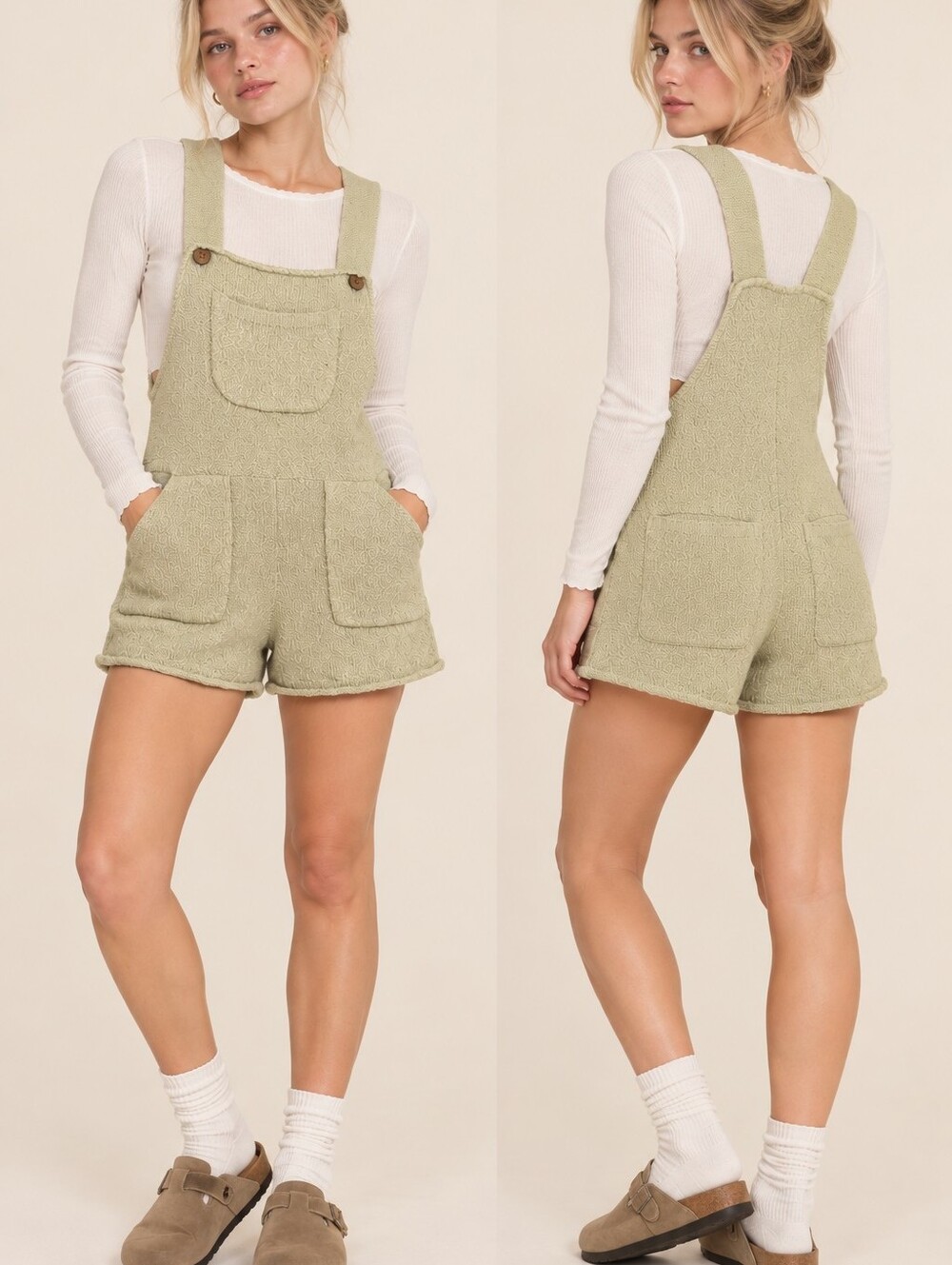 FREE PEOPLE Light Green Knit Over It Comfy Retro Bohemian Casual Overall Romper